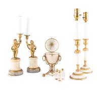 Four Gilt-Metal Mounted Candlesticks and an Opaline Glass Egg-Shaped Scent Casket