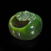 A Chinese carved spinach jade four-lobed persimmon coupe 翠玉四叶柿子形水丞