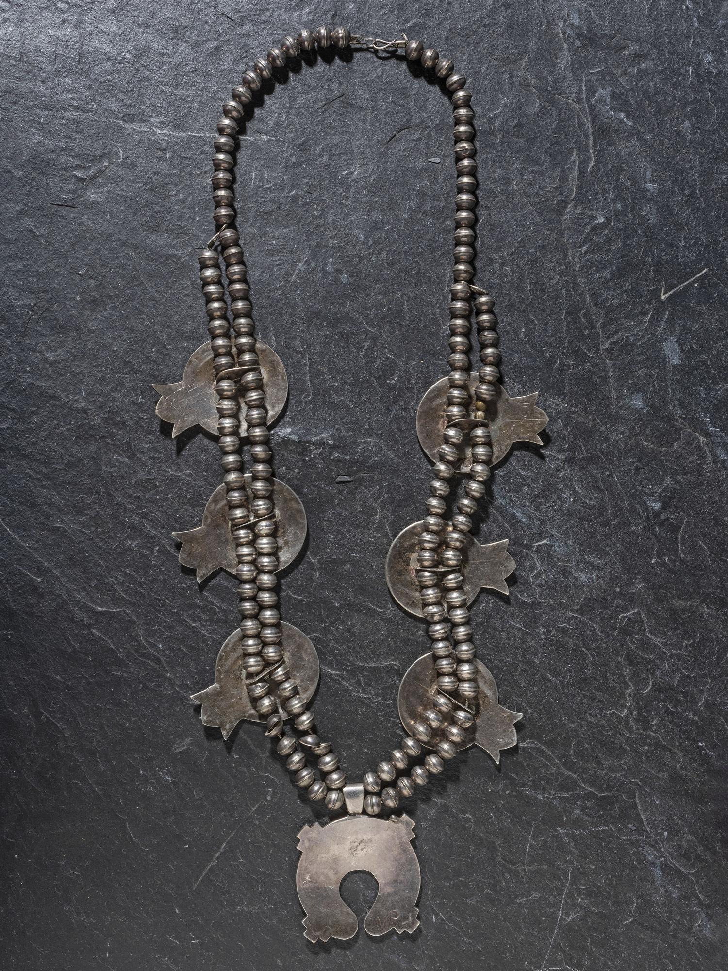 Zuni Mosaic Inlay Avian Squash Blossom Necklace
