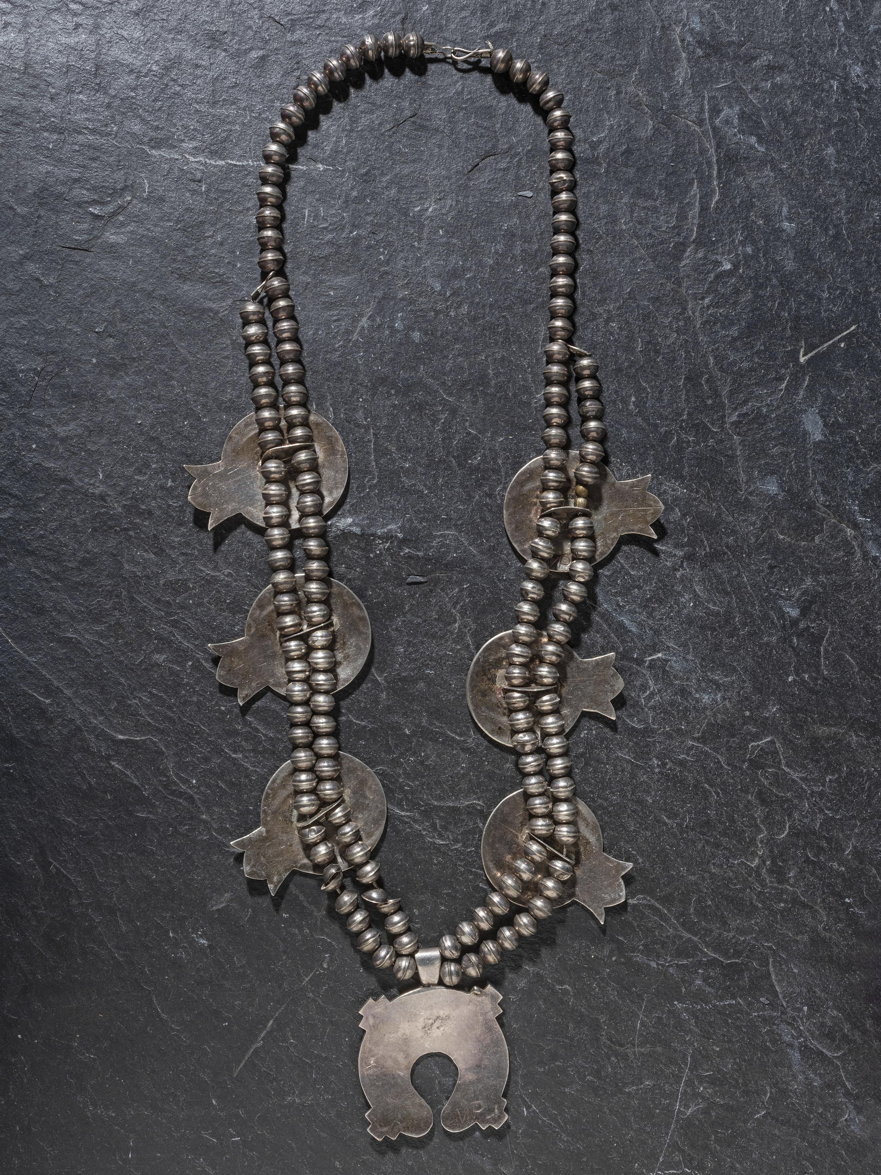 Zuni Mosaic Inlay Avian Squash Blossom Necklace