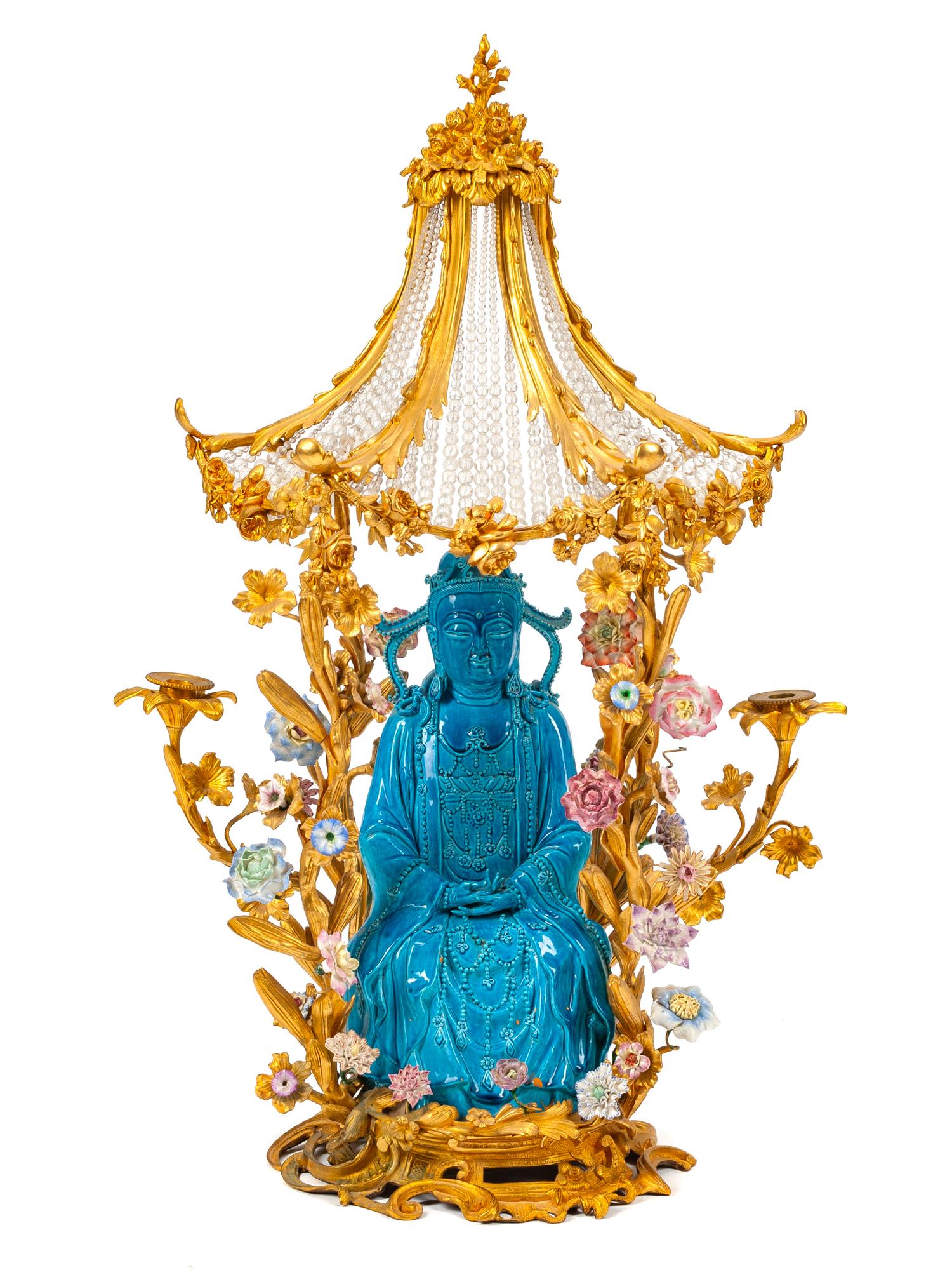 A Louis XV Style Porcelain and Gilt Bronze Pagoda Two-Light Candelabrum