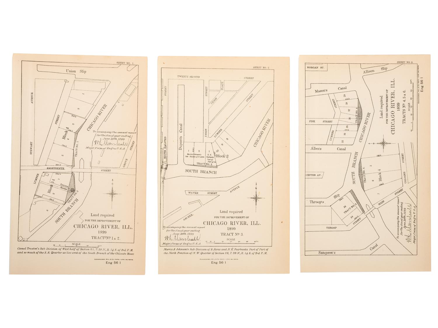 [MAPS & ATLASES -- CHICAGO]. A group of 13 maps depicting the Chicago River and Chicago Harbor, comprising: