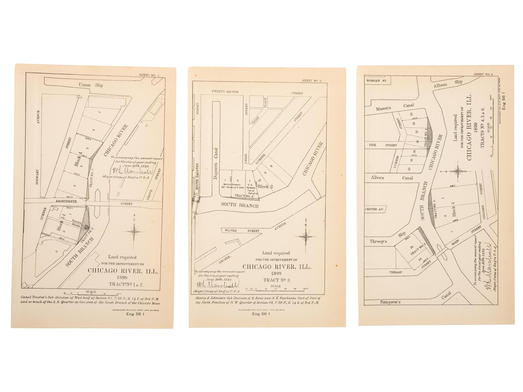 [MAPS & ATLASES -- CHICAGO]. A group of 13 maps depicting the Chicago River and Chicago Harbor, comprising: