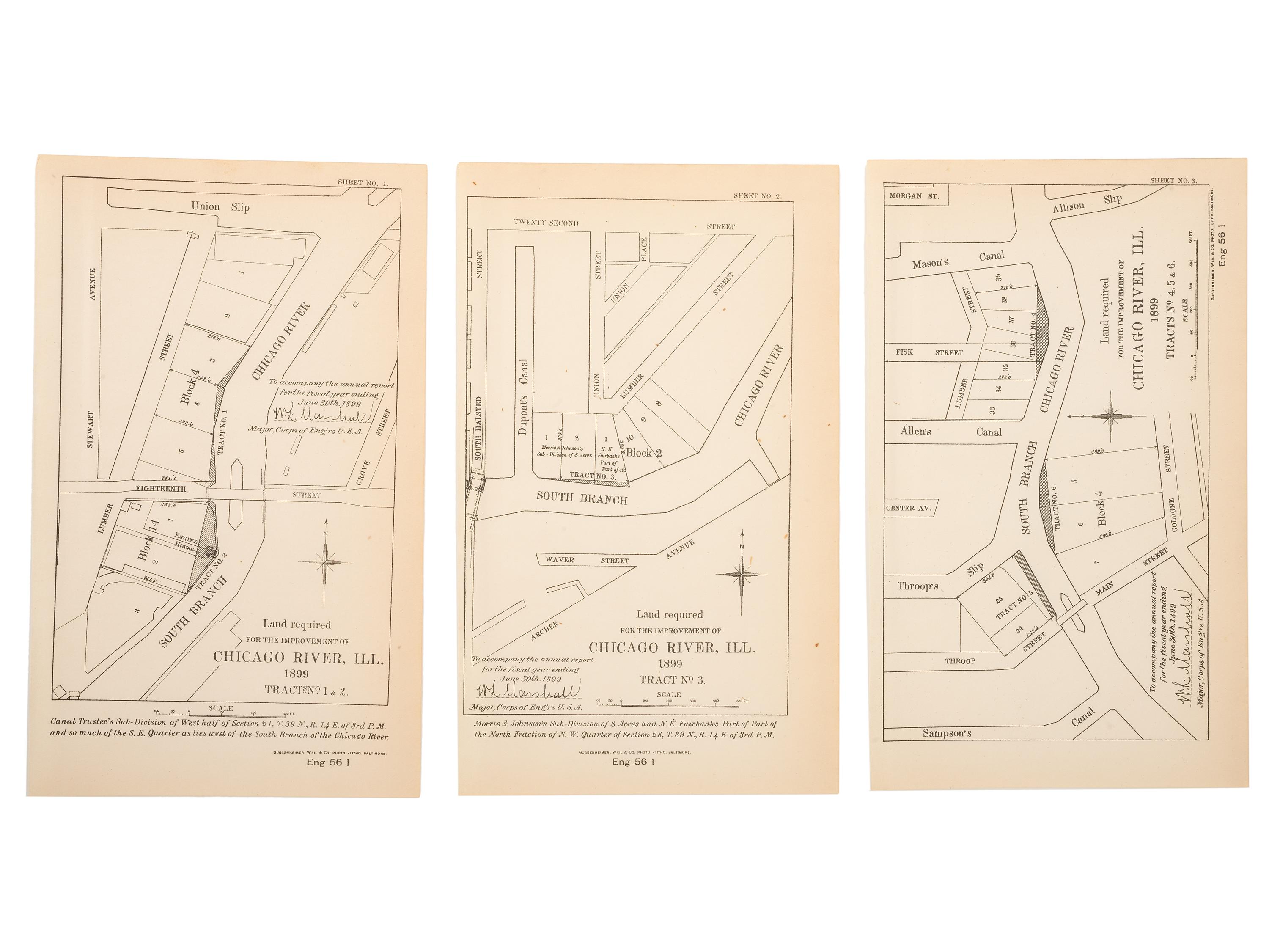 [MAPS & ATLASES -- CHICAGO]. A group of 13 maps depicting the Chicago River and Chicago Harbor, comprising: