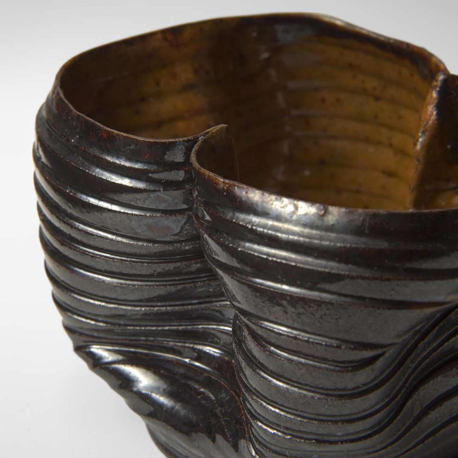 George Ohr (American, 1857-1918) Ribbed and Folded Vessel in Brown and Speckled Ochre Glaze, Biloxi, Mississippi, USA, circa 1897-1900