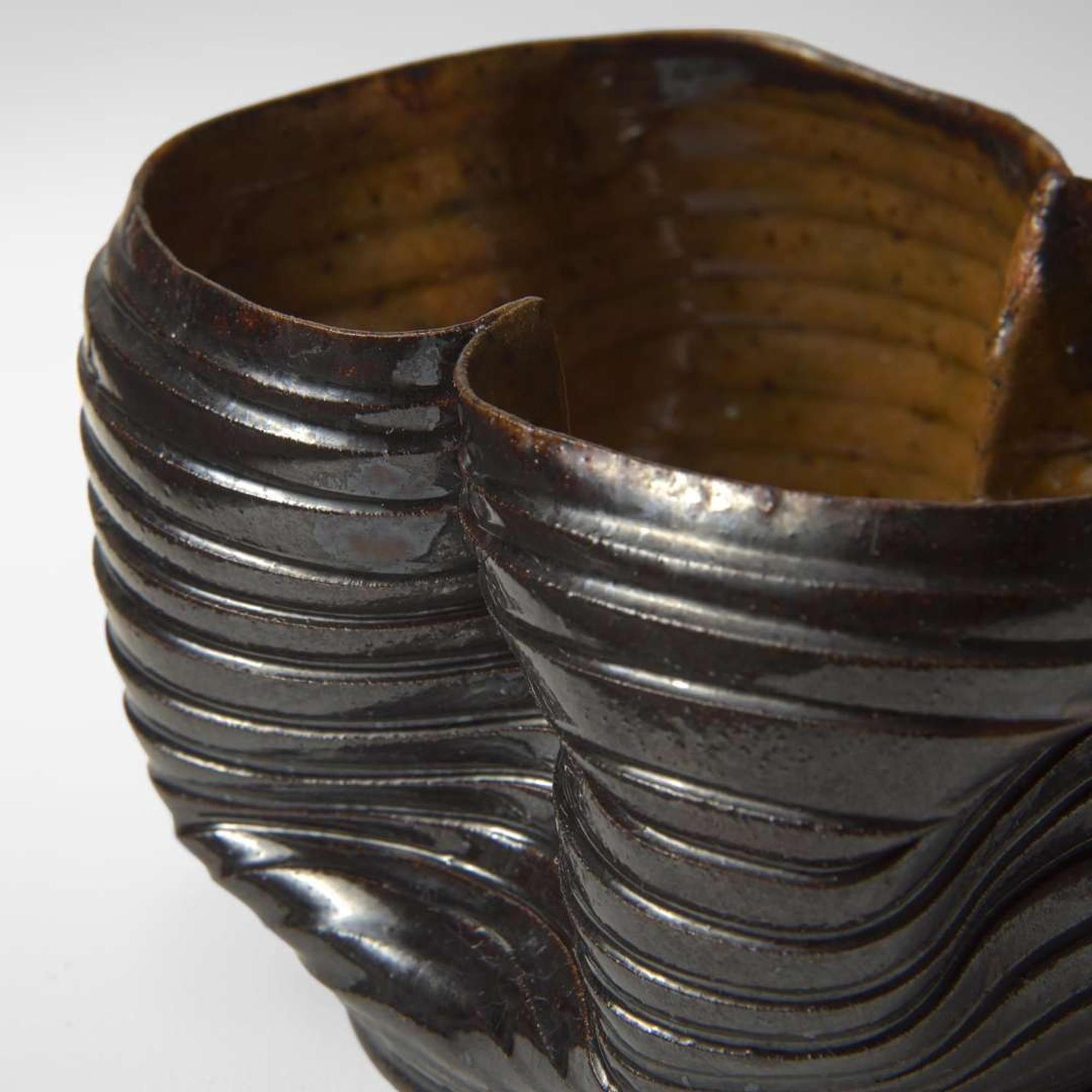 George Ohr (American, 1857-1918) Ribbed and Folded Vessel in Brown and Speckled Ochre Glaze, Biloxi, Mississippi, USA, circa 1897-1900