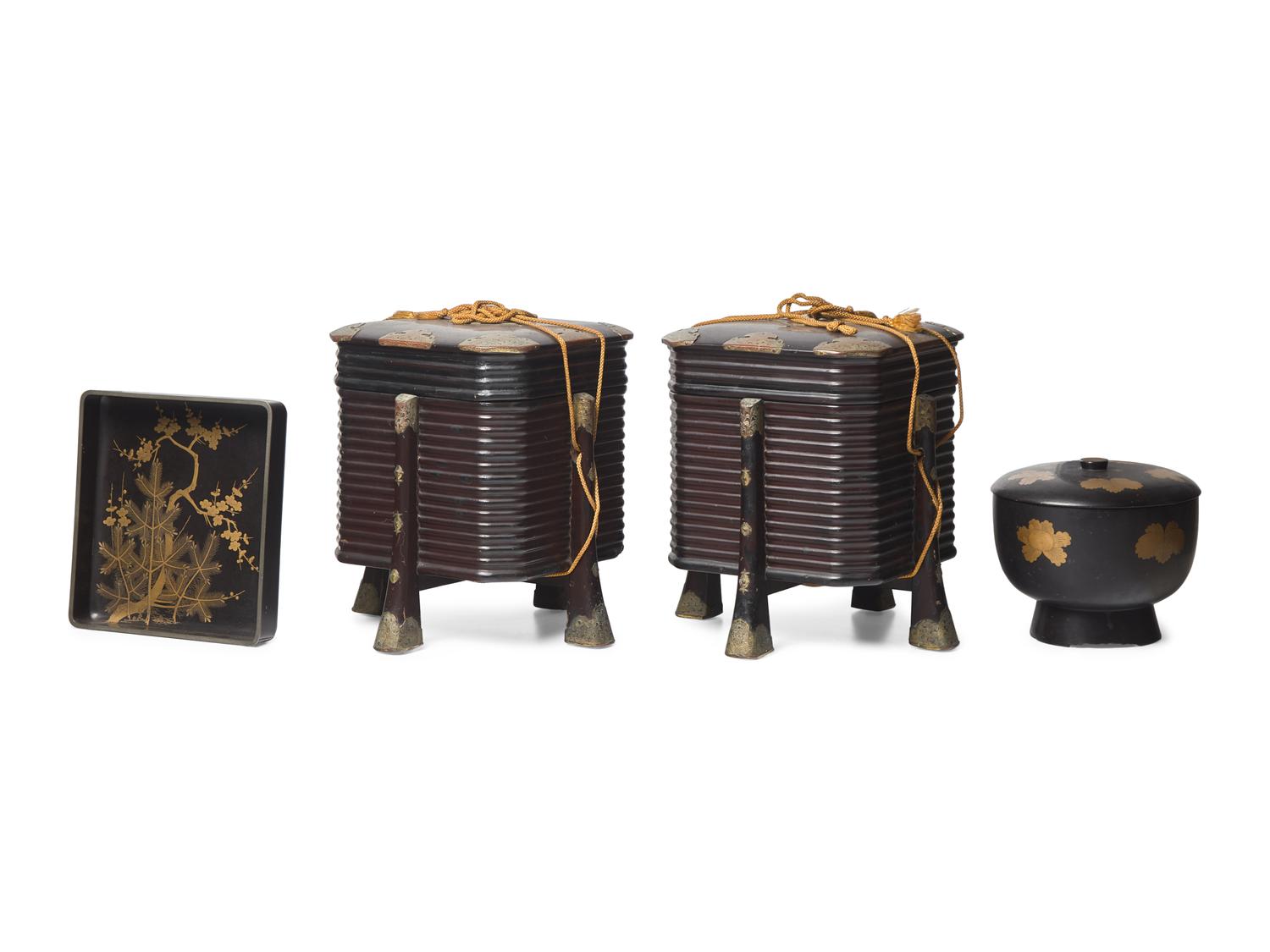 Four Japanese Black and Gold Lacquer Wares