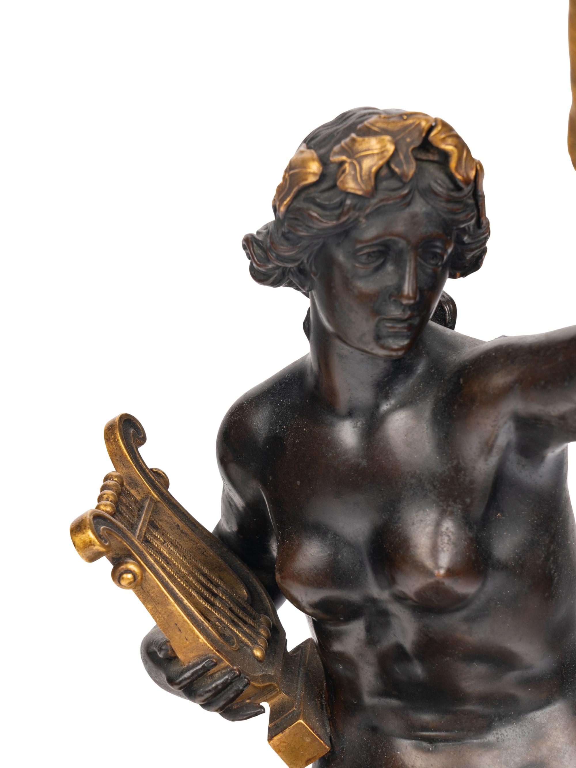 A Pair of American Gilt and Patinated Bronze and Carved Marble Figural Table Lamps