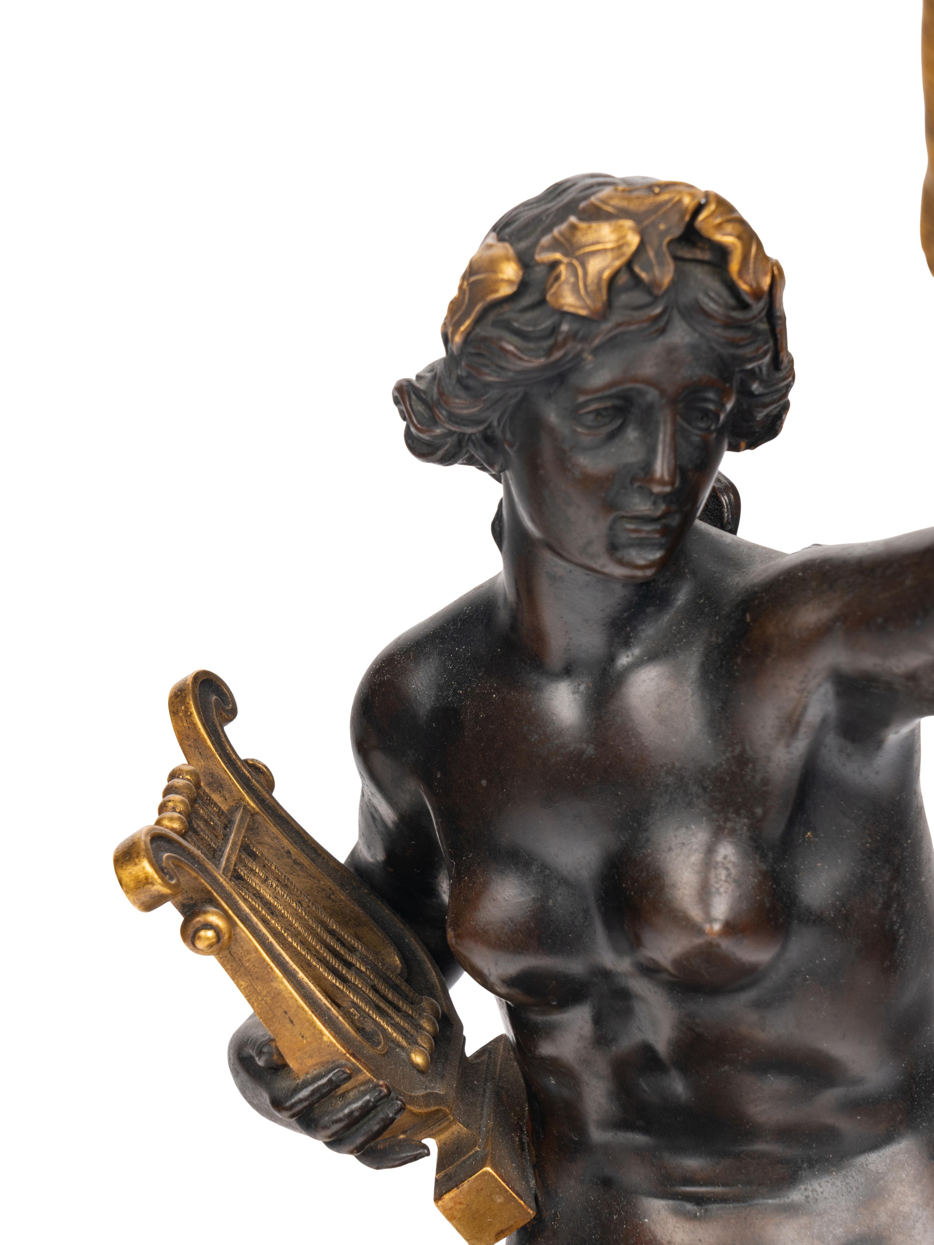 A Pair of American Gilt and Patinated Bronze and Carved Marble Figural Table Lamps