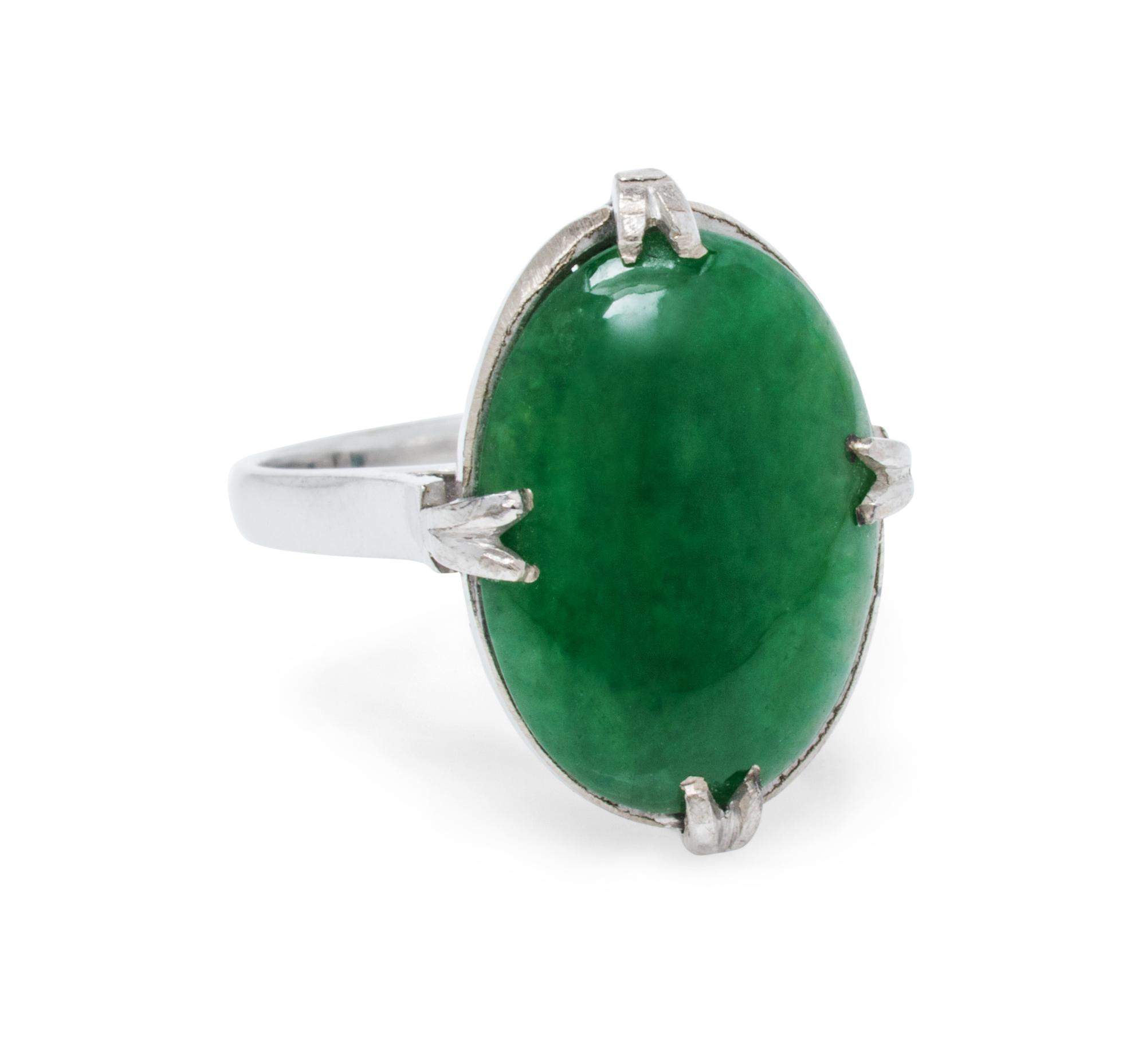 A White Gold and Jadeite Jade Ring, 3.50 dwts.