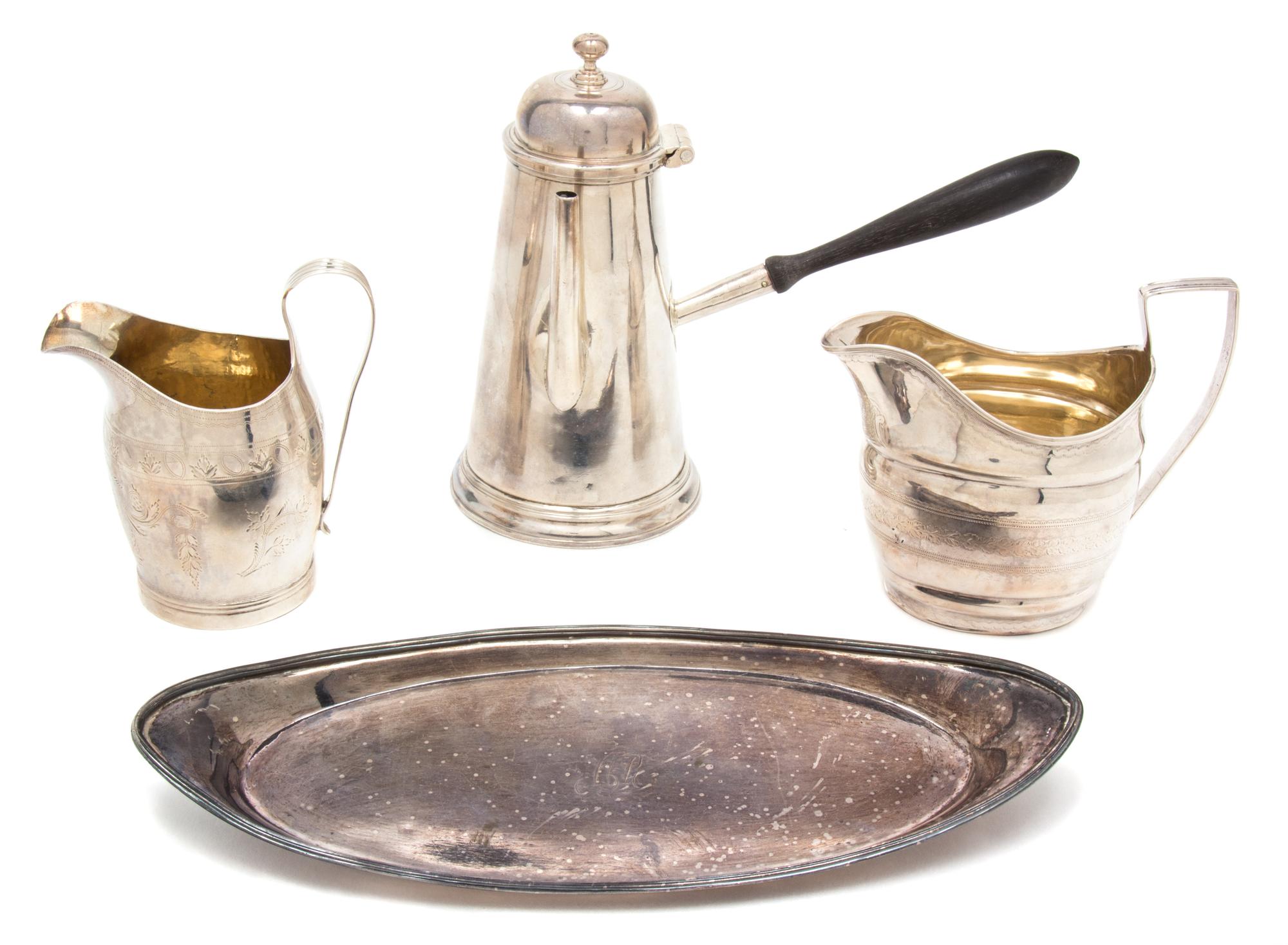 Four Georgian Silver Articles, , by various makers comprising: a lighthouse form coffee pot with treen handle, London, 1724 2 silver cr
