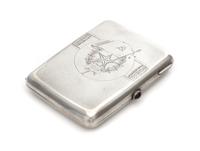 A Soviet-Era Russian Silver Cigarette Case, Maker's Mark Obscured, Moscow, Mid-20th Century, the lid engraved to show symbols of the So