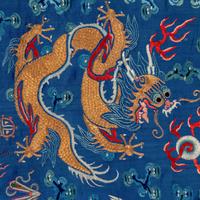 A Chinese Blue Ground Embroidered Silk 'Dragon' Robe, Jifu, 19th Century 清晚期 藍緞地綉云龍紋吉服