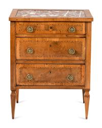 A North Italian Inlaid Walnut and Red Marble Inset Commodino
