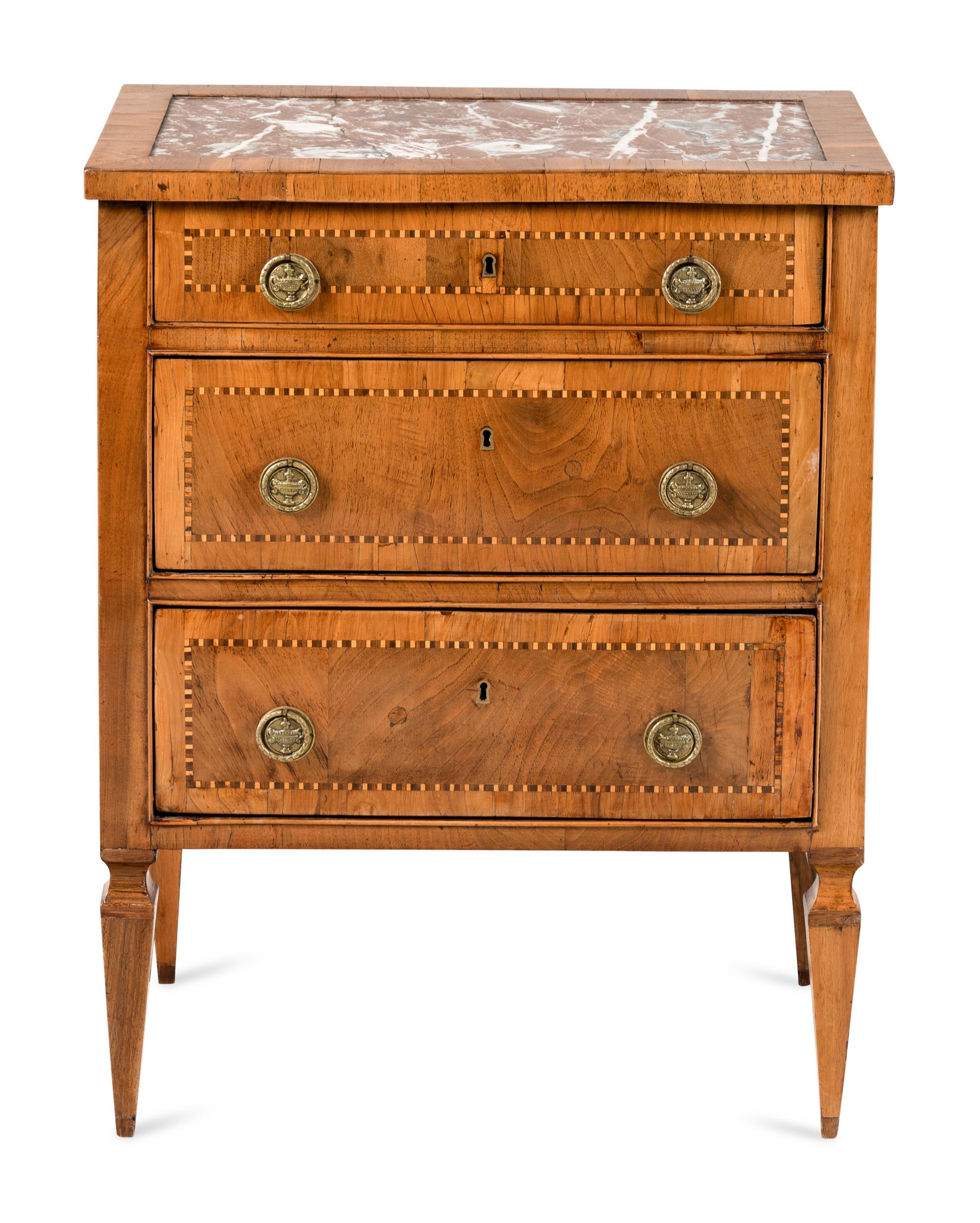 A North Italian Inlaid Walnut and Red Marble Inset Commodino