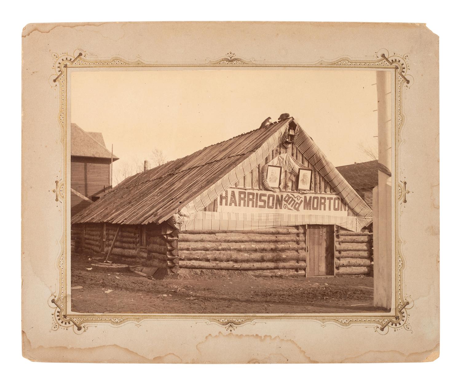 [HARRISON, Benjamin]. Large format albumen photographs of Harrison & Morton log cabin campaign buildings.