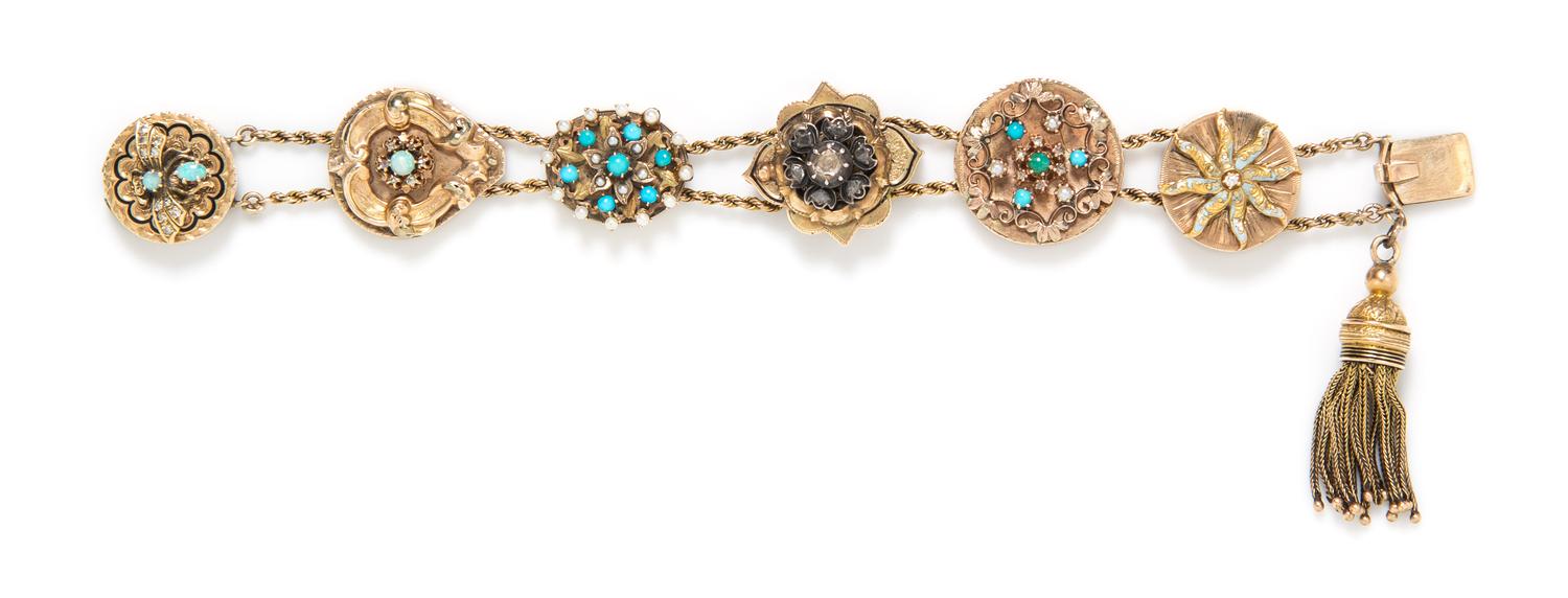 A Yellow Gold, Turquoise, Opal, Diamond and Seed Pearl Slide Bracelet, 37.80 dwts.