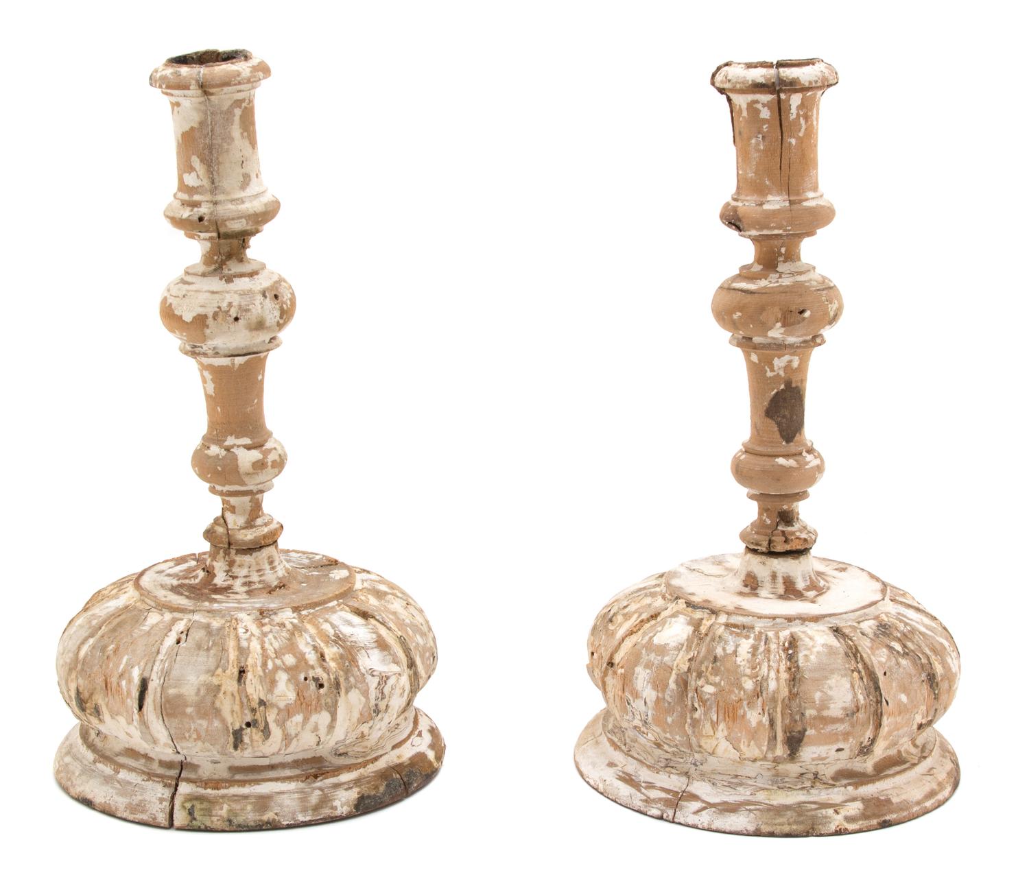 A Pair of Italian Carved and Painted Wood Candlesticks Height 10 1/2 inches. — 19TH CENTURY