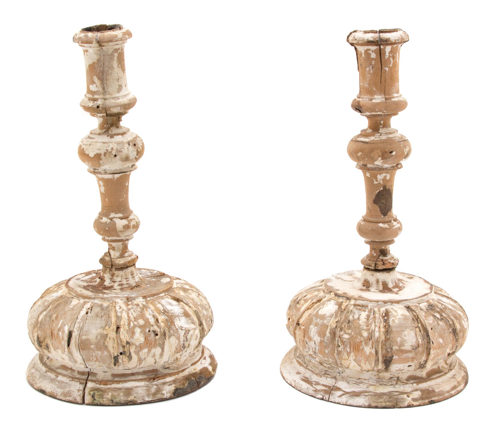 A Pair of Italian Carved and Painted Wood Candlesticks Height 10 1/2 inches. — 19TH CENTURY