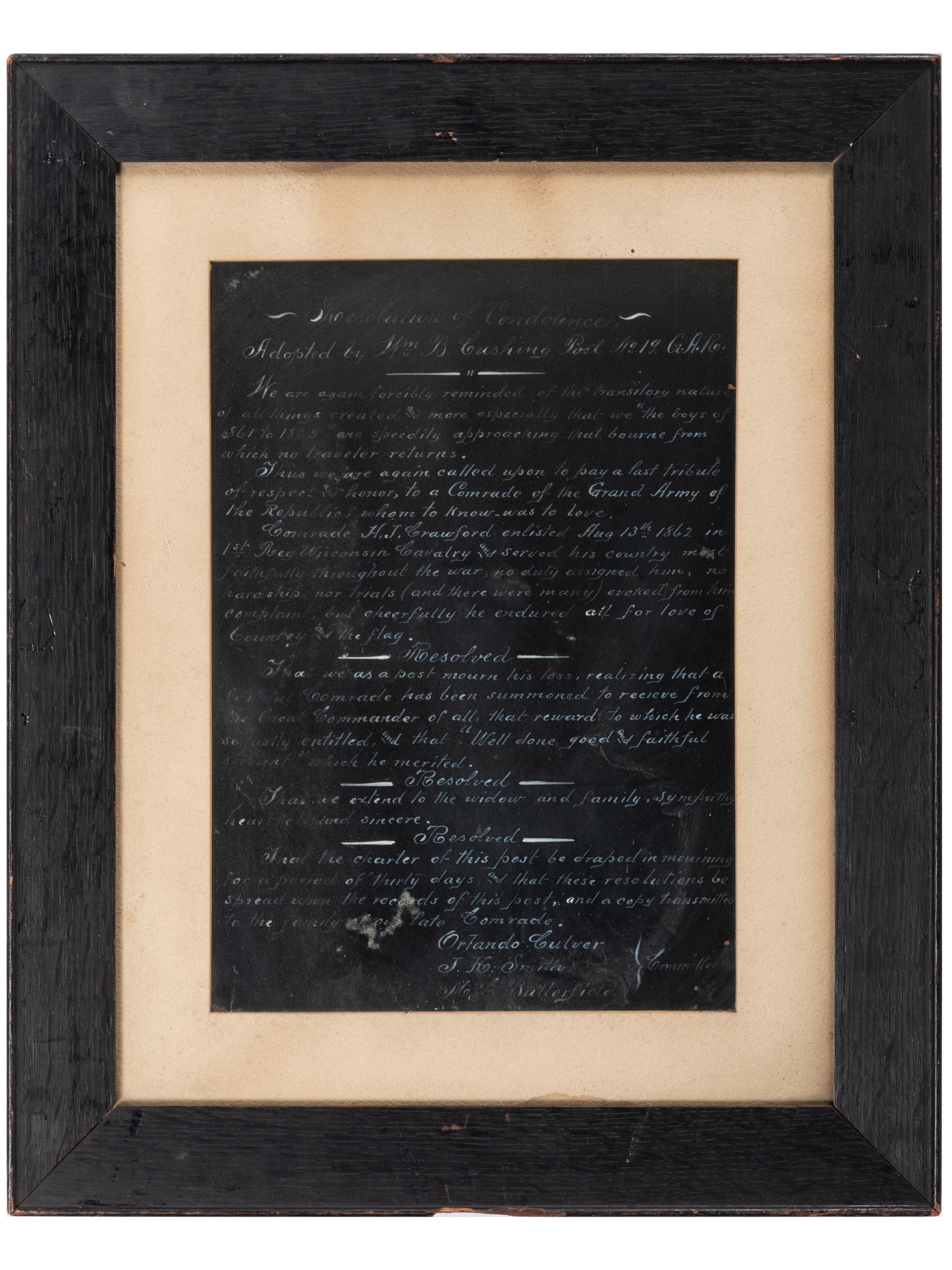 [CIVIL WAR] -- [GAR & UCV]. A group of 9 items, incl. photographs, certificates, and declaration of mourning.