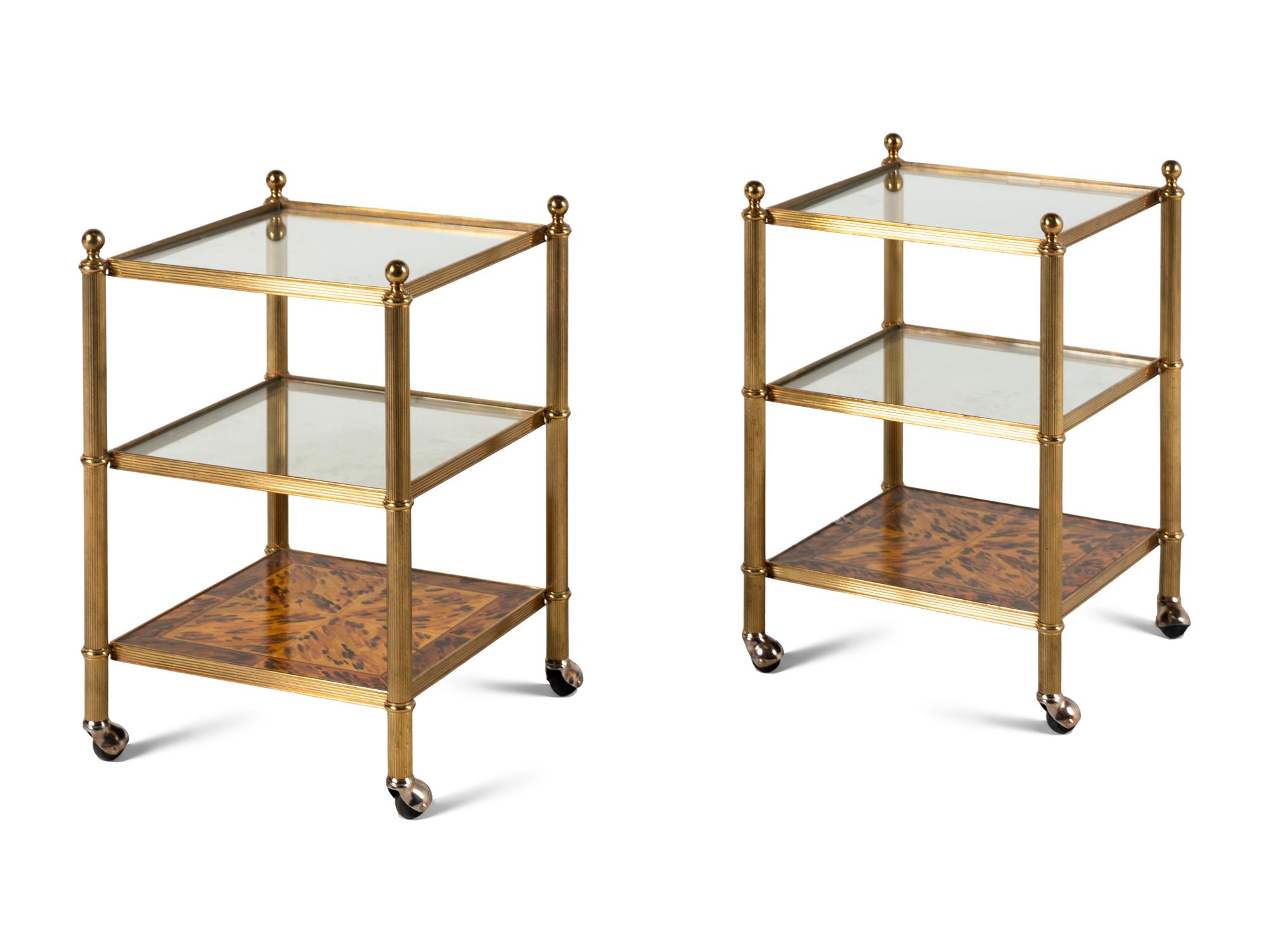 A Pair of Brass and Faux Tortoise Shell Three-Tier Side Tables