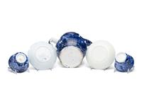 A Historical Blue Staffordshire Pitcher and Two Cups with Saucers