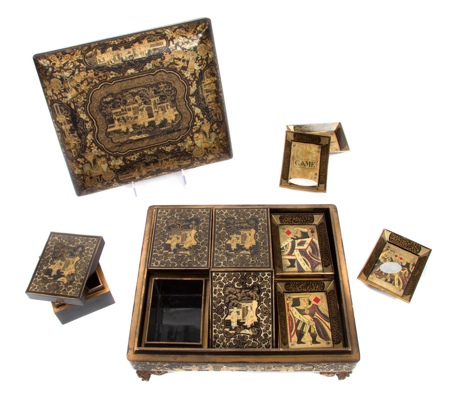 A Chinese Export Lacquered Game Box Height 4 1/2 x width 12 x depth 10 1/2 inches. — EARLY 19TH CENTURY