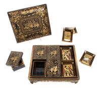 A Chinese Export Lacquered Game Box Height 4 1/2 x width 12 x depth 10 1/2 inches. — EARLY 19TH CENTURY