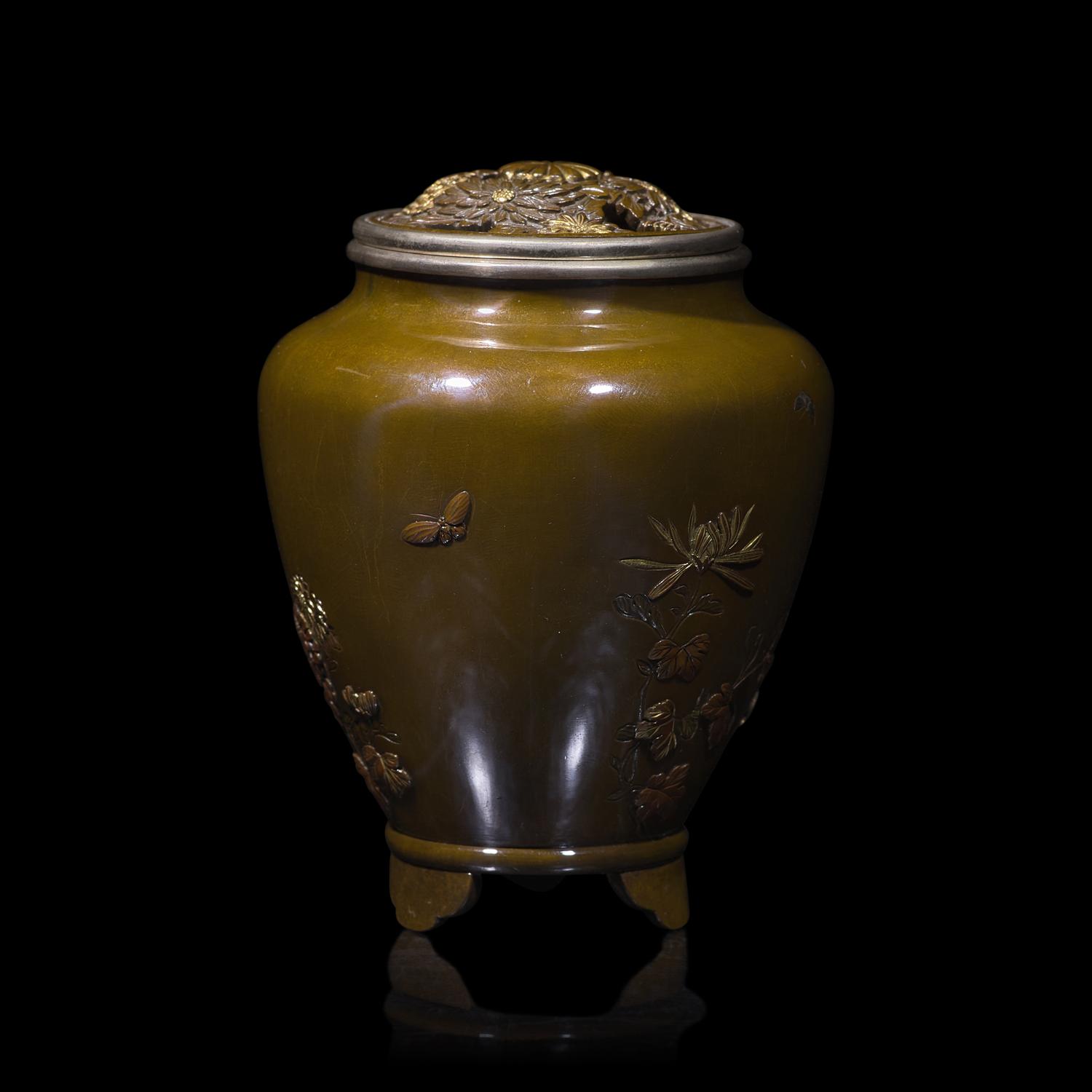 A Japanese Mixed Metals Small Koro and Cover, Inoue, Meiji-Taisho Period