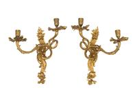 A Pair of Louis XV Style Gilt Bronze Two-Light Sconces