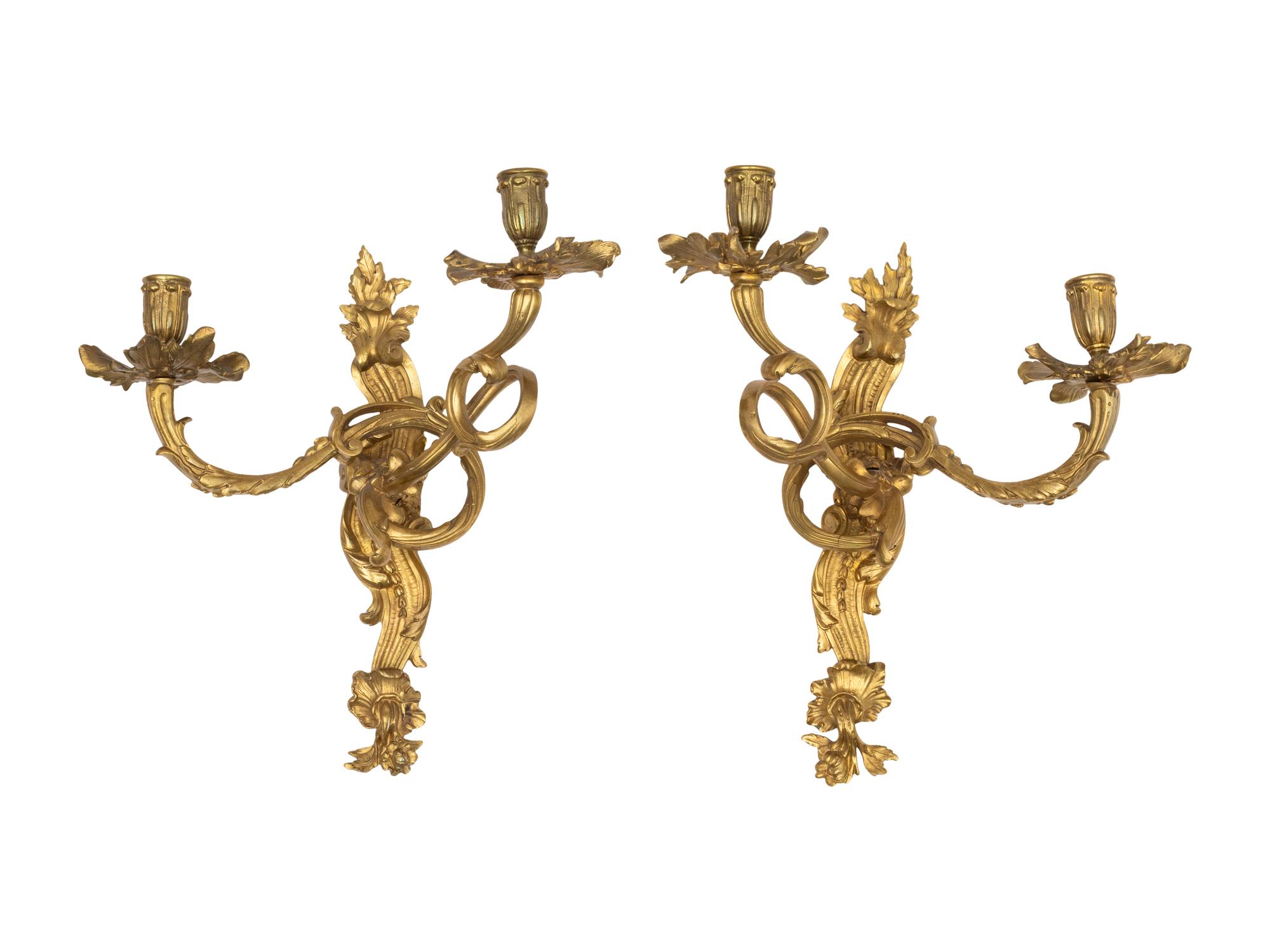 A Pair of Louis XV Style Gilt Bronze Two-Light Sconces