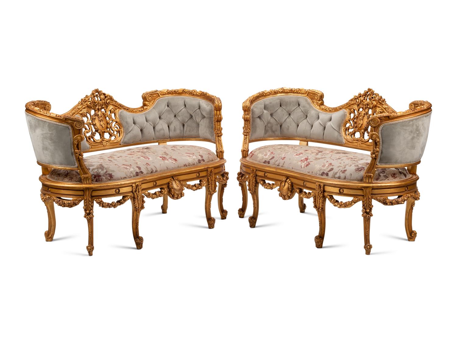 A Pair of Louis XV Style Giltwood Settees