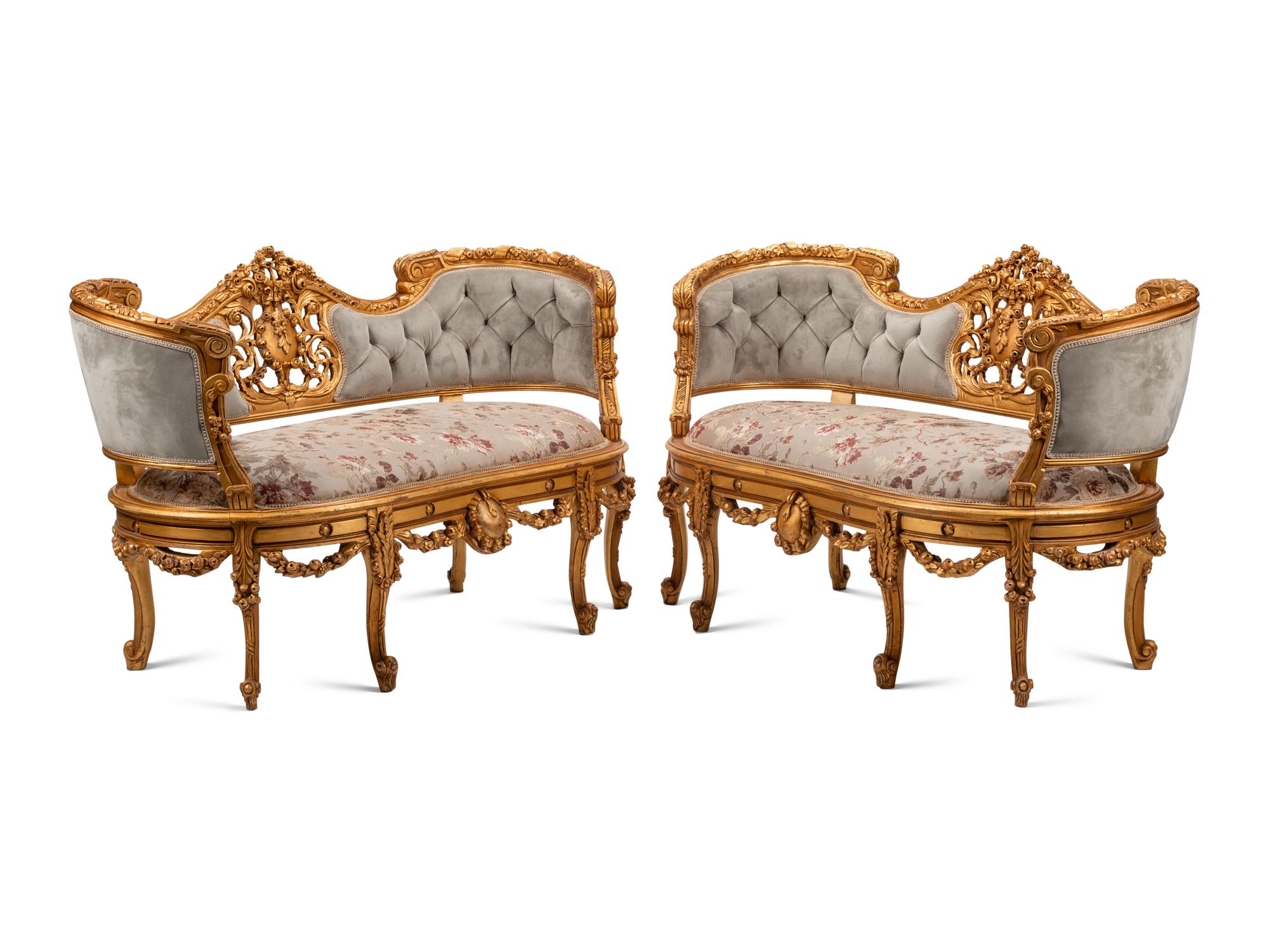 A Pair of Louis XV Style Giltwood Settees