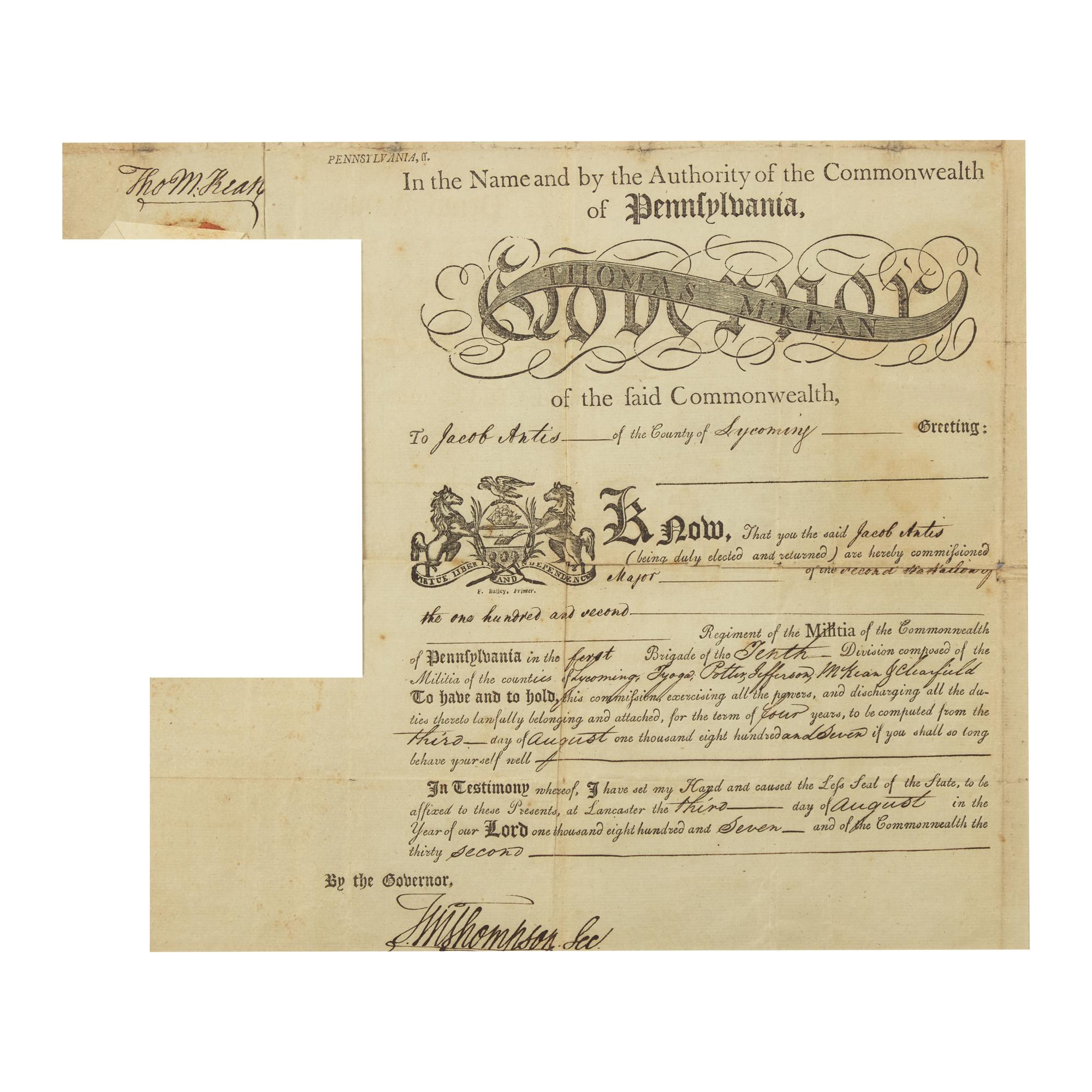 [Americana] [Declaration of Independence] McKean, Thomas. Group of 2 partially-printed documents, signed