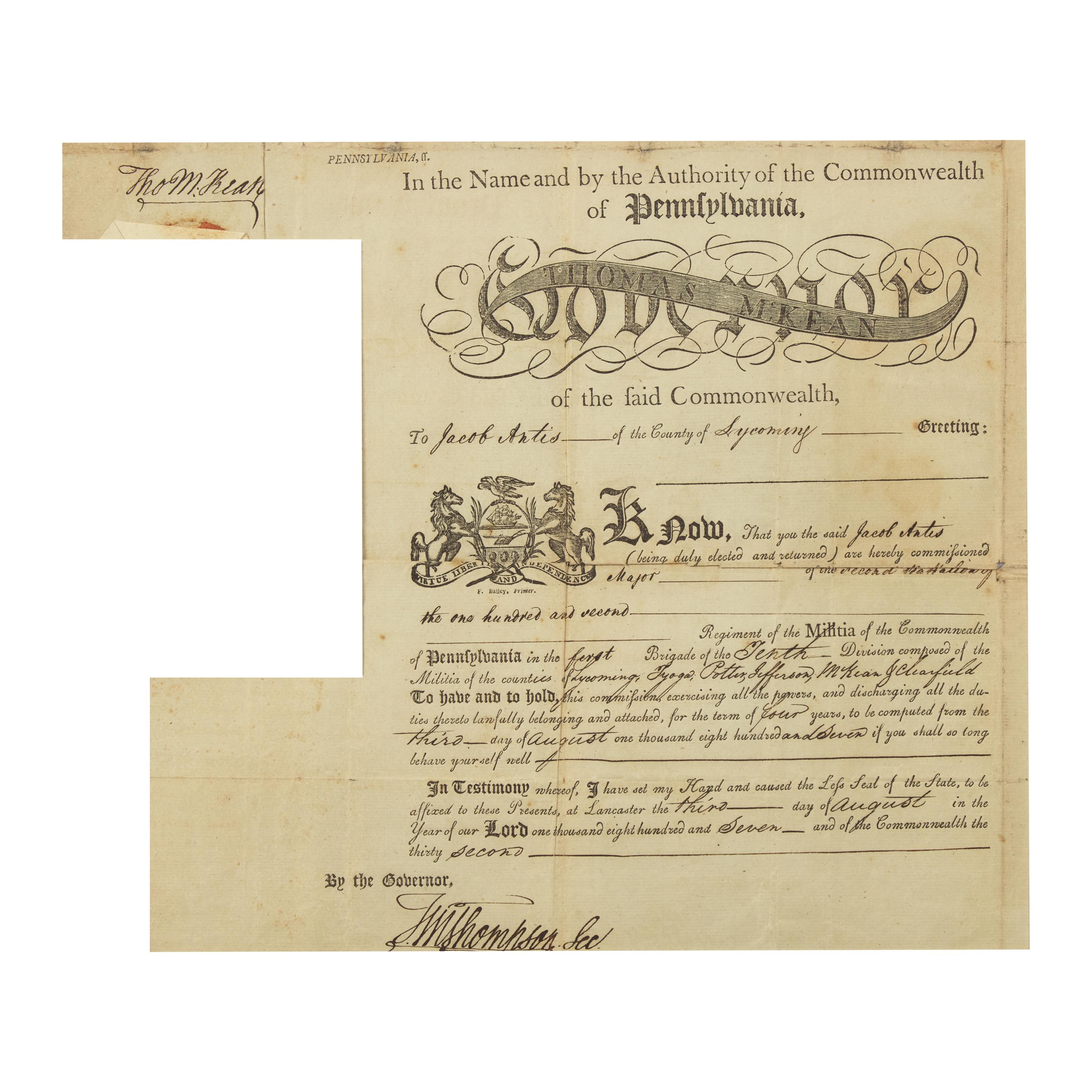 [Americana] [Declaration of Independence] McKean, Thomas. Group of 2 partially-printed documents, signed