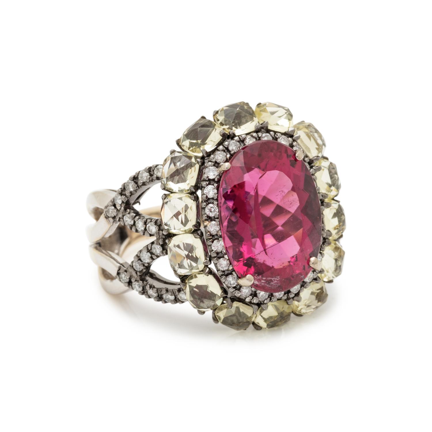 WHITE GOLD, RUBELLITE, QUARTZ, AND DIAMOND RING