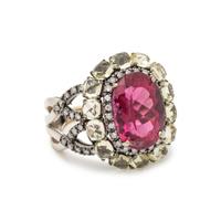 WHITE GOLD, RUBELLITE, QUARTZ, AND DIAMOND RING