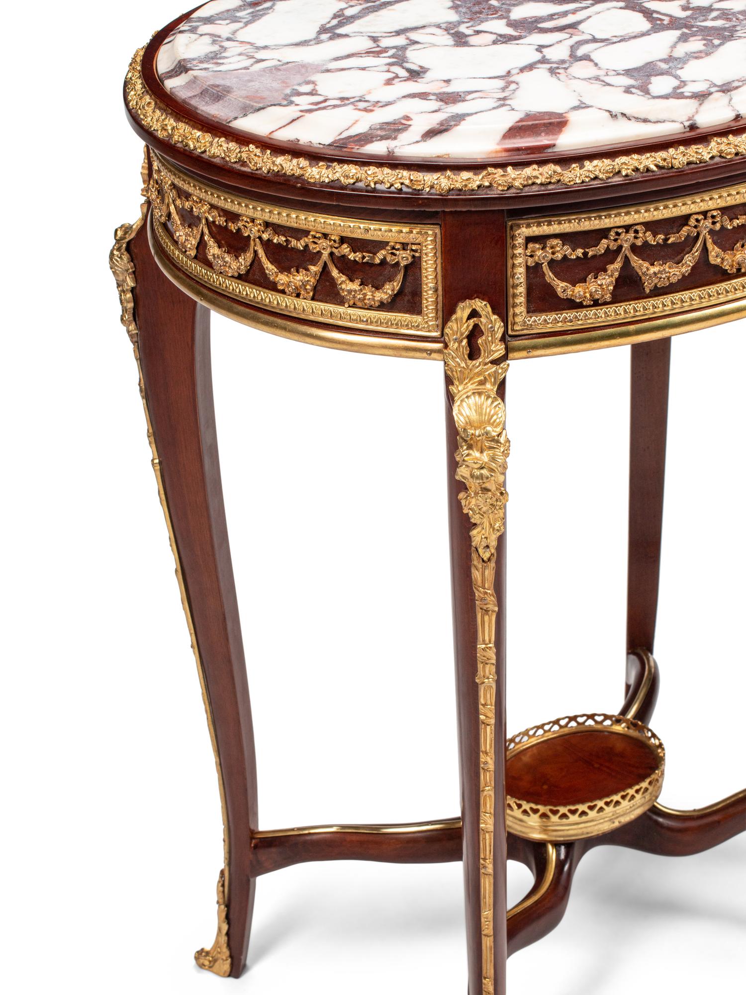 A Pair of Louis XV Style Gilt Bronze Mounted Marble-Top Side Tables