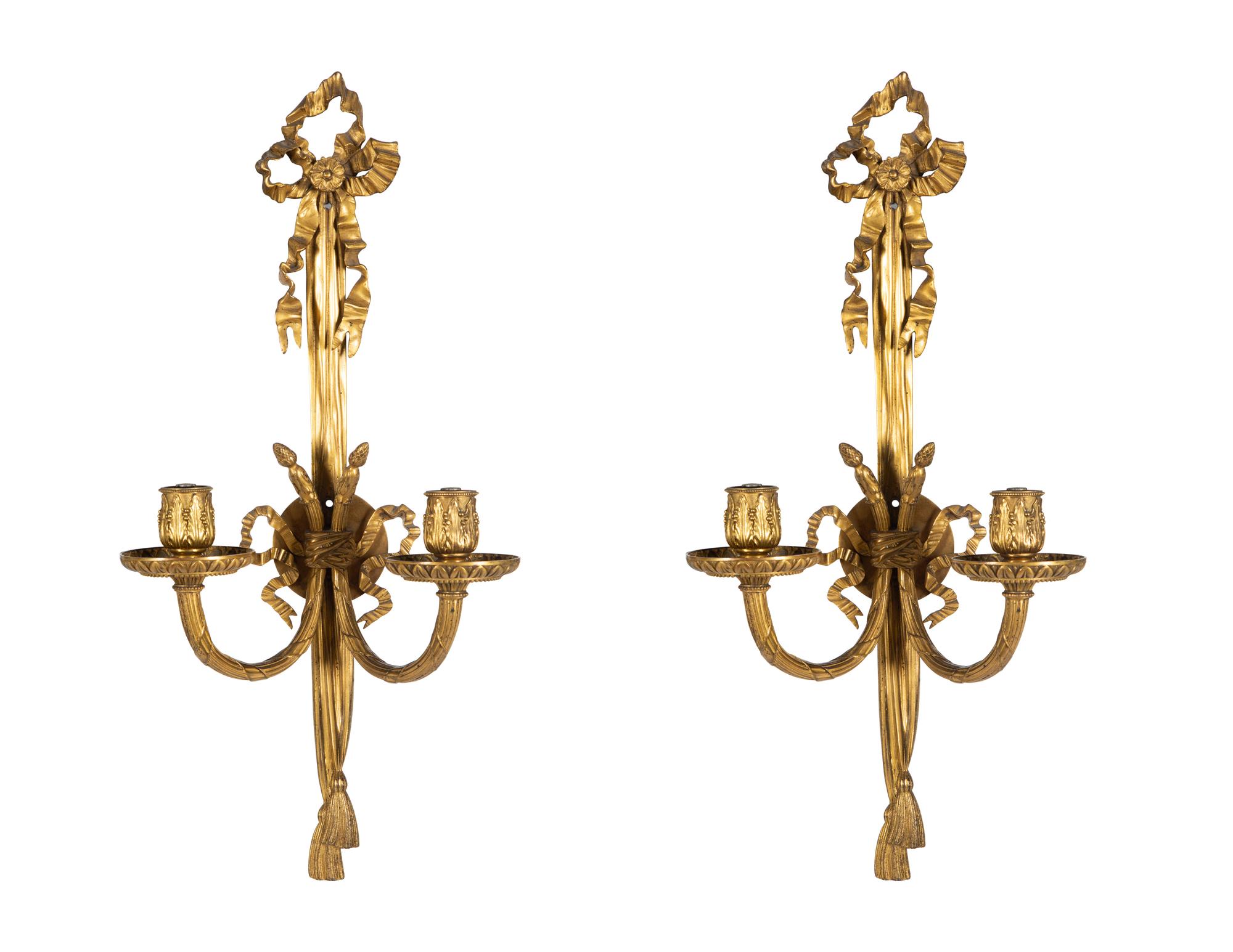 A Pair of Louis XVI Style Gilt Bronze Two-Light Sconces