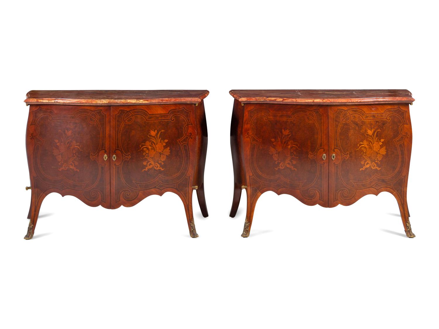 A Pair of Louis XV Style Marquetry Marble-Top Bombé Cabinets