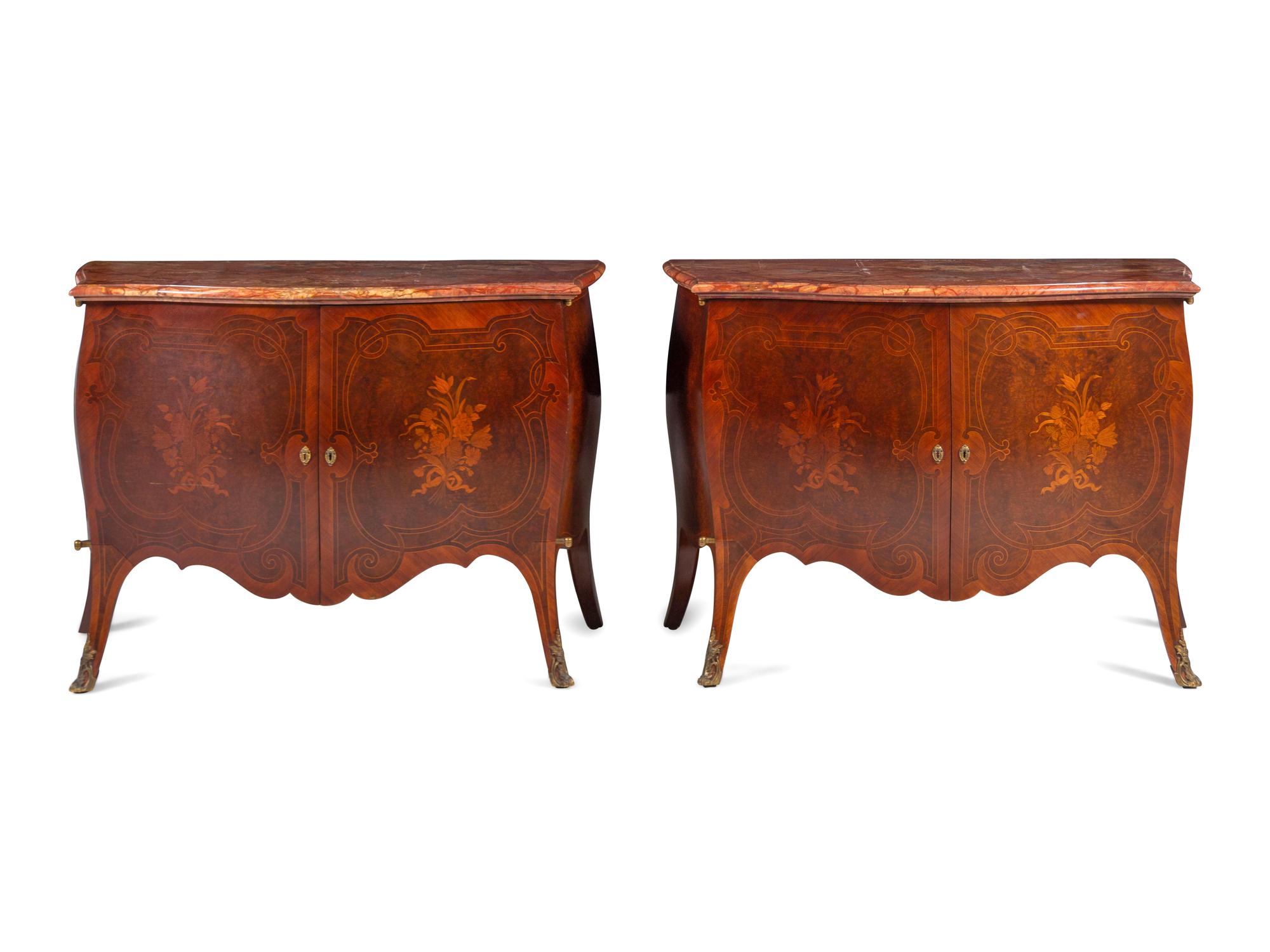 A Pair of Louis XV Style Marquetry Marble-Top Bombé Cabinets