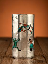 Silver Tumbler, with Mosaic Inlay, Frogs, Storm Clouds, Knifewings, and Rainbow Guardians