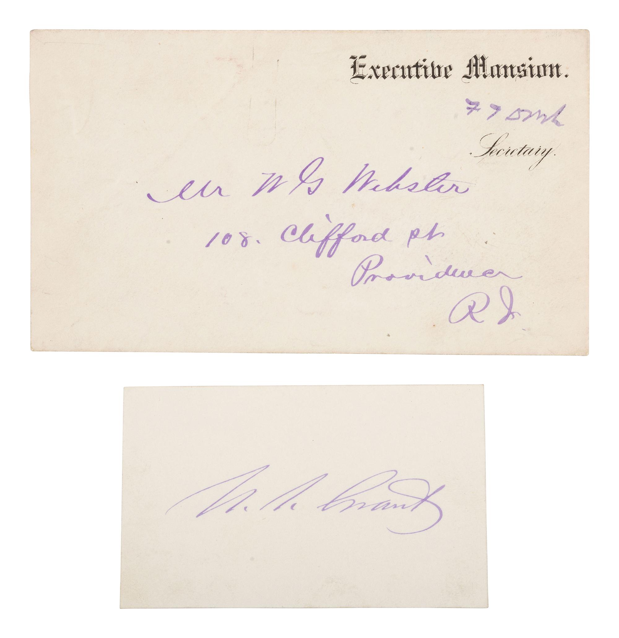 GRANT, Ulysses S. (1822-1885). Card signed ("U.S. Grant"). [ With: ] Executive Mansion cover.