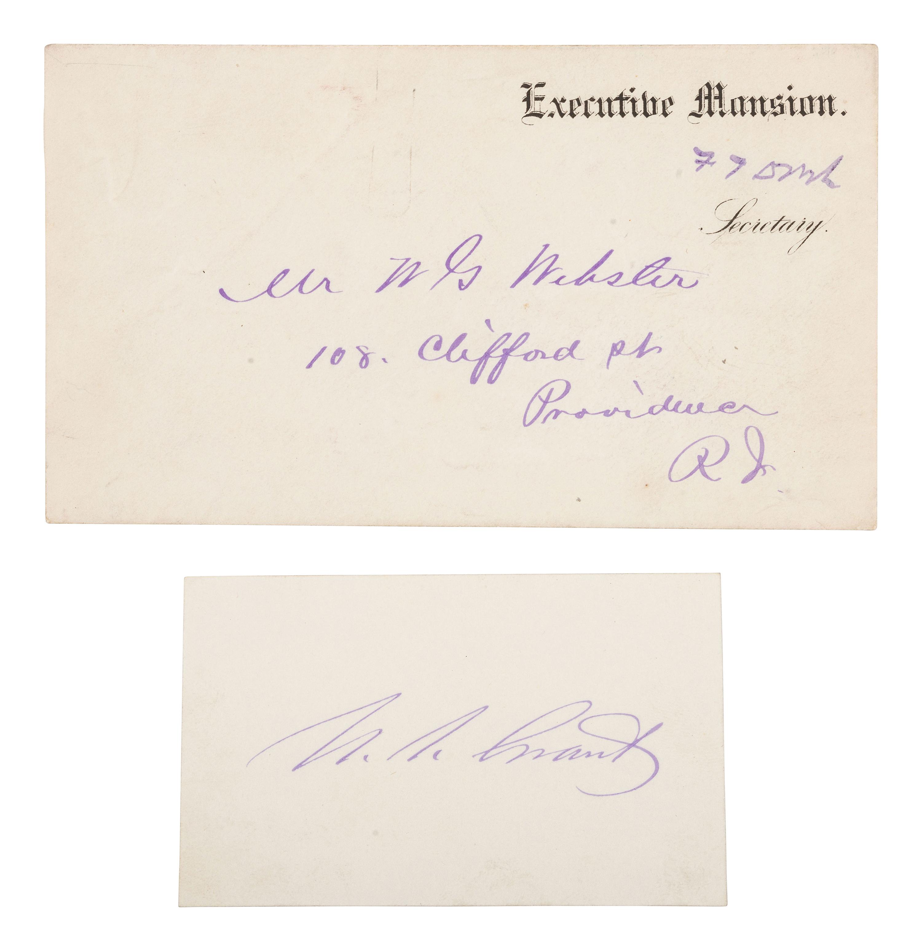 GRANT, Ulysses S. (1822-1885). Card signed ("U.S. Grant"). [ With: ] Executive Mansion cover.