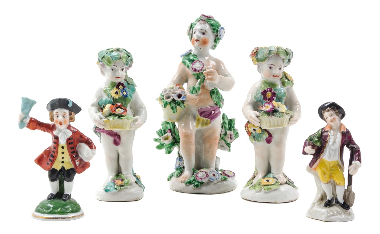 A Group of Five English Porcelain Figures Height of tallest 5 inches. — 18TH CENTURY AND LATER