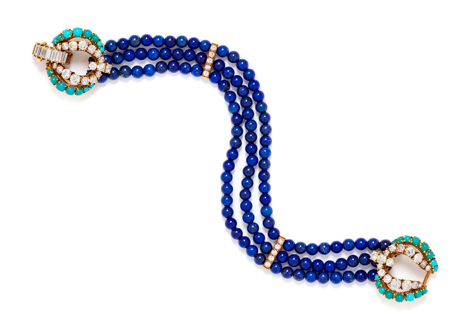 An 18 Karat Yellow Gold, Lapis Lazuli, Turquoise and Diamond Multistrand Bracelet, Cartier Inc., 13.80 dwts.