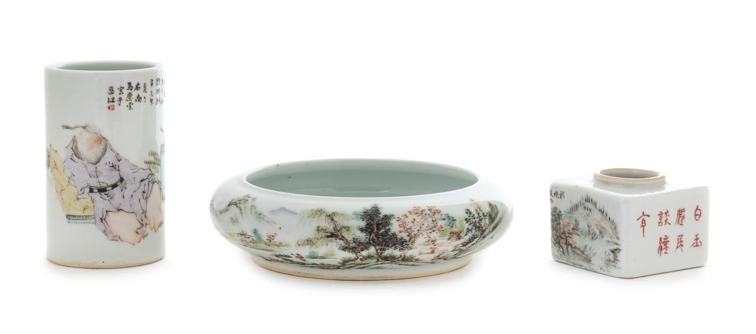 Three Polychrome Enameled Porcelain Scholar's Articles Diameter of largest 7 1/2 inches.