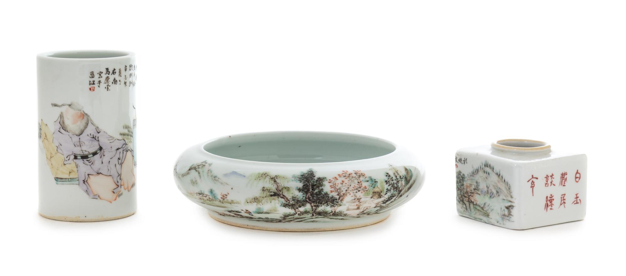 Three Polychrome Enameled Porcelain Scholar's Articles Diameter of largest 7 1/2 inches.