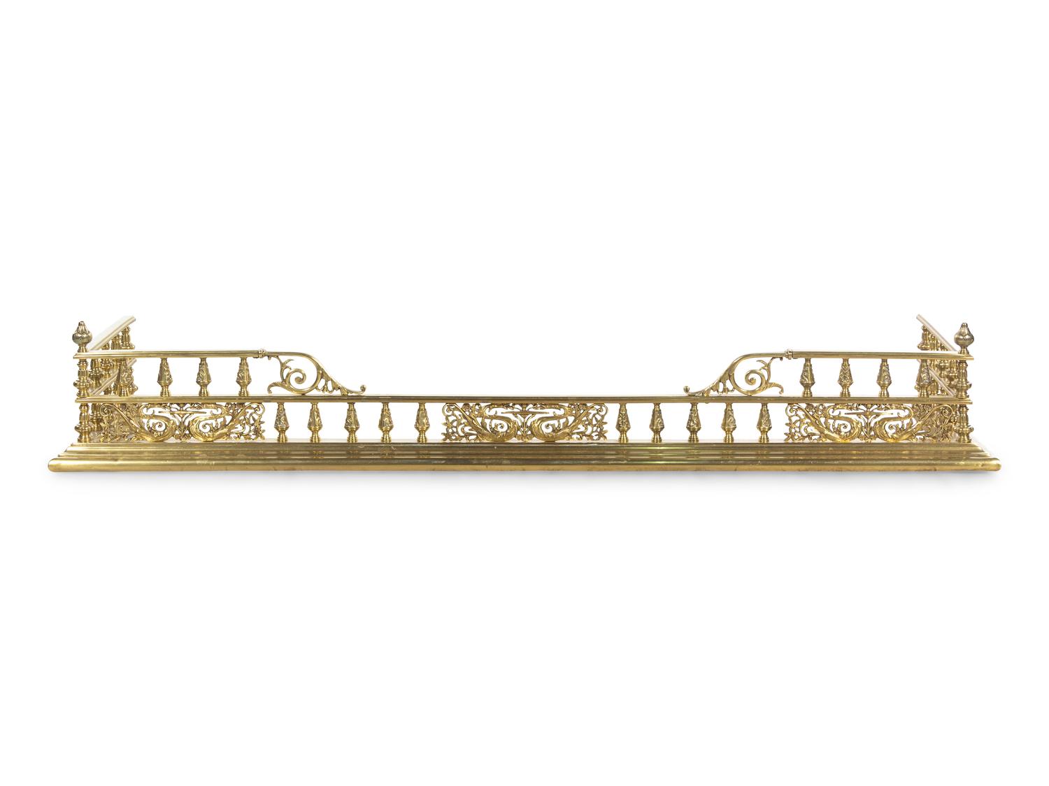 A Pair of Federal Style Brass Andirons with an Associated Fender and Screen