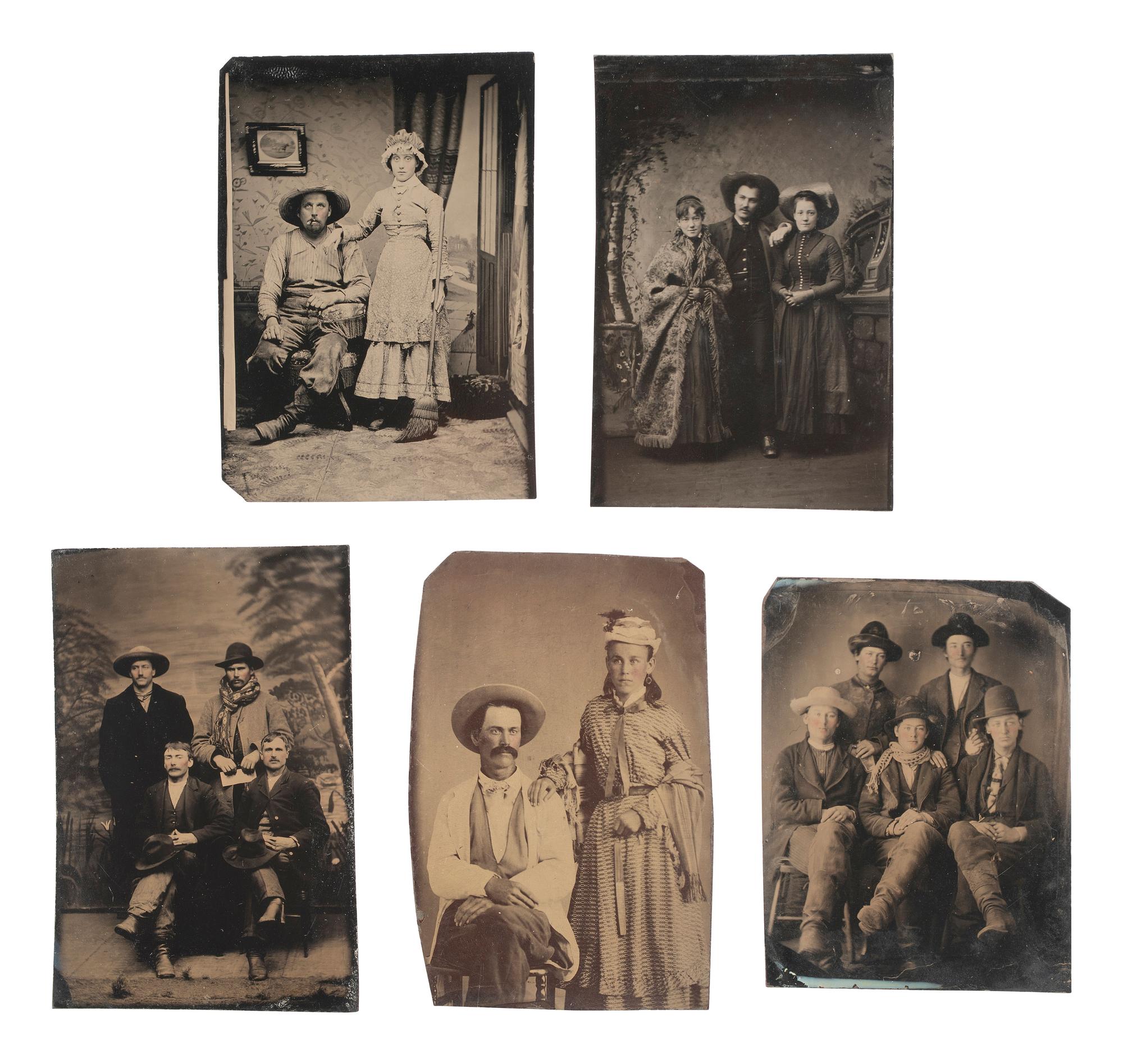 [WESTERN AMERICANA] 10 tintypes, incl. pairs and groups of cowboys, some with female companions.